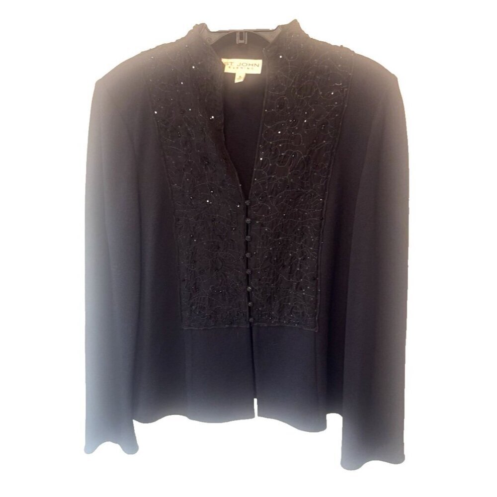 St John Evening Womens Black Beaded Jacket‎ 16 Event Cocktail Glam Bling Elegant